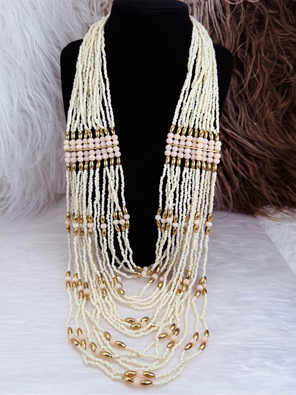 Vintage Multi Strand Seed Bead Statement Necklace Ivory Pink Gold Tone Boho